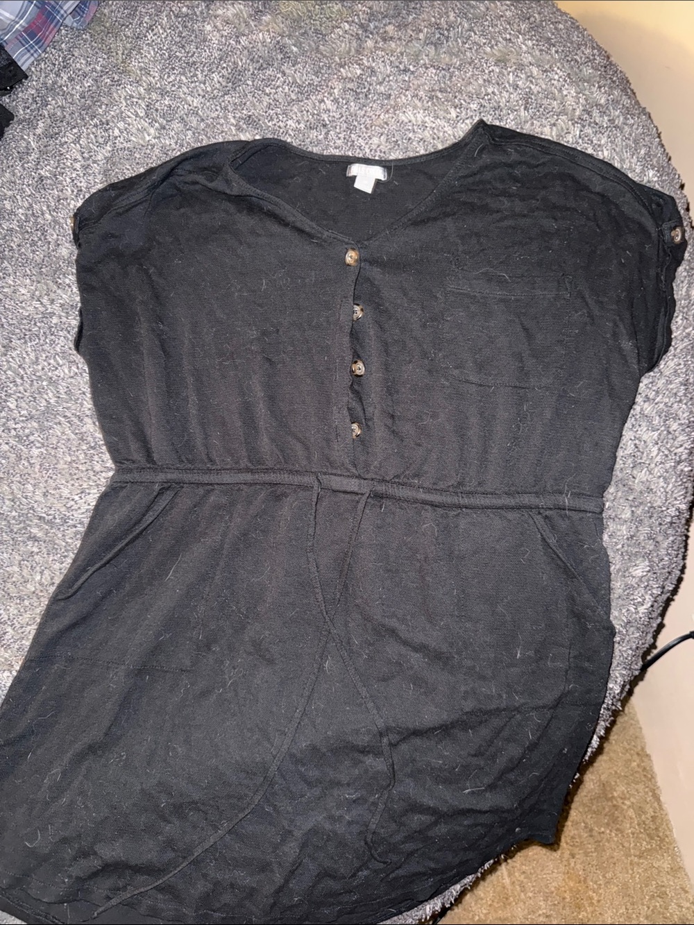 Falls Creek Black Short-Sleeve Button-Front Tunic with Drawstring